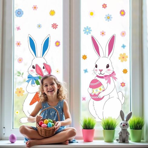 4 Sheets Extra Large Easter Bunny Window Clings Cute Rabbit Double-Sided Window Stickers Reusable Cartoon Bunny Windows Decals with Flowers Eggs for Spring Holiday Party Home Office School Glass Decor in Saudi Arabia