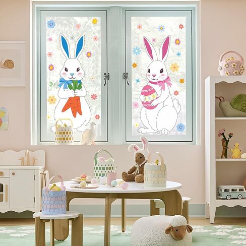 4 Sheets Extra Large Easter Bunny Window Clings Cute Rabbit Double-Sided Window Stickers Reusable Cartoon Bunny Windows Decals with Flowers Eggs for Spring Holiday Party Home Office School Glass Decor in Saudi Arabia