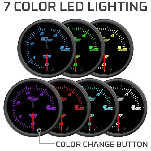 مقياس سرعة الدوران ديزل GlowShift ملون 7 ألوان 5000 دورة في الدقيقة - لمحركات الديزل 4، 6، 8 أسطوانات - يتم تركيبه في لوحة القيادة المخصصة - قرص أسود - عدسات مدخنة - 3-3/8 بوصة 85 مم in Kuwait