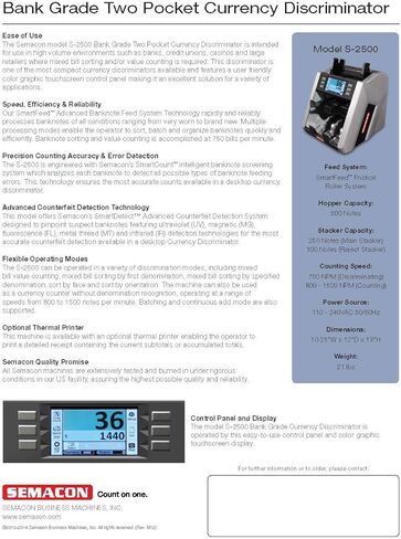 جهاز تمييز العملات من فئة Semacon S-2500 Bank من الدرجة الثانية، سرعة 1000 NPM (تمييز)/800-1500 NPM (العد)، سعة قادوس 500 ورقة نقدية، سعة المكدس 250 ورقة نقدية (رئيسية)/100 ورقة نقدية (رفض) in Kuwait