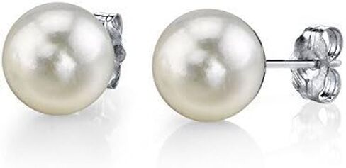 THE PEARL SOURCE 18K Gold Round White Akoya Cultured Pearl Stud Earrings for Women in Saudi Arabia