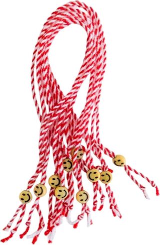 Martenitsa Day Bracelet. Bulgarian Bracelet. Red White Yarn Martenitsi with 1 Smiley Face Bead Each. Happy Baba Marta Gift. Martisor. Tradition in Bulgaria. Tradition in Romania. Set of 10 in Saudi Arabia