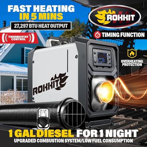 [إصدار 2026] سخان ديزل ROKKIT 8KW، سخان هواء ديزل الكل في واحد 110 فولت/12 فولت، سخان ديزل محمول مع شاشة LCD وجهاز تحكم عن بعد، سخان انتظار سيارات ديزل منخفض الضوضاء سريع التسخين للخيمة والسيارة والمركبات الترفيهية والتخييم in Kuwait