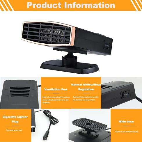 Car Heaters for Vehicle,12V 200W Car Defroster Windshield Heater,Car Heater that Plugs into Cigarette Lighter,2-in-1 Fast Heating & Cooling Modes with 360° Rotatable Base (Black&Gold) in Kuwait