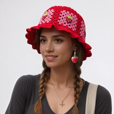 2Pcs Strawberry Hat with Earrings Cute Crochet Bucket Hats for Women Handmade Floral Hat Foldable Knitted Hats in Saudi Arabia