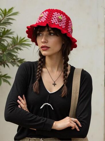2Pcs Strawberry Hat with Earrings Cute Crochet Bucket Hats for Women Handmade Floral Hat Foldable Knitted Hats in Saudi Arabia