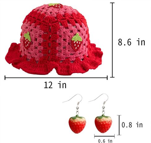 2Pcs Strawberry Hat with Earrings Cute Crochet Bucket Hats for Women Handmade Floral Hat Foldable Knitted Hats in Saudi Arabia