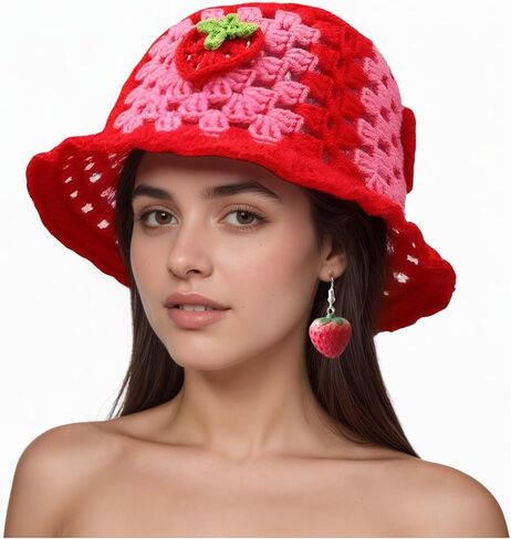2Pcs Strawberry Hat with Earrings Cute Crochet Bucket Hats for Women Handmade Floral Hat Foldable Knitted Hats in Saudi Arabia