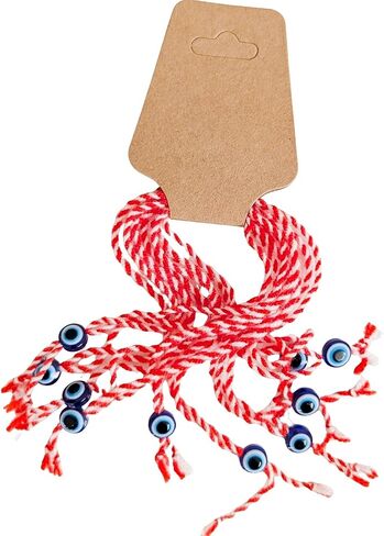 Martenitsa Day Bracelet. Bulgarian Martenitsa Bracelet. Red White Yarn Martenitsi with 1 Evil Eye Bead Each. Happy Baba Marta Gift. Martisor. Tradition in Bulgaria. Tradition in Romania. Set of 10 in Saudi Arabia
