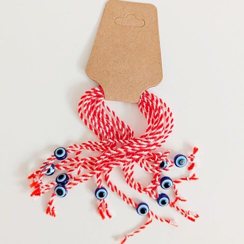 Martenitsa Day Bracelet. Bulgarian Martenitsa Bracelet. Red White Yarn Martenitsi with 1 Evil Eye Bead Each. Happy Baba Marta Gift. Martisor. Tradition in Bulgaria. Tradition in Romania. Set of 10 in Saudi Arabia
