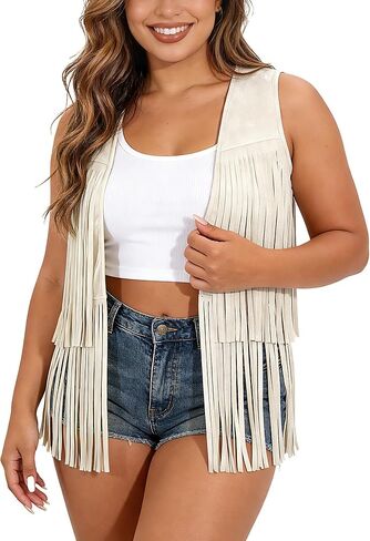 Plus Size Fringe Vest for Women L-4XL 60s 70s Hippie Vest Faux Suede Sleeveless Tassel Jacket Western Cowgirl Outfits in Saudi Arabia