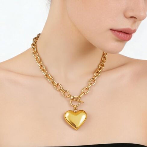 16K Gold Plated Necklace for Women Trendy Gold Chunky Necklace Heart Pendant Thick Chain Choker Dainty Gold Jewelry Gifts for Women in Saudi Arabia