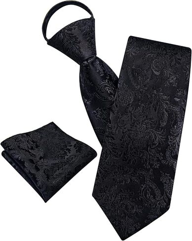 Zipper Ties for Men Striped Pre-tied Clip on Tie Woven Silk Adjustable Necktie Pocket Square Business Wedding Formal in Kuwait