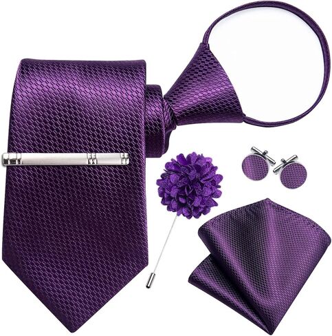 DiBanGu Mens Silk Zipper Tie Adjustable Pre-tied Solid Plaid Necktie Pocket Square Lapel Pin Cufflinks Tie Clip Set in Saudi Arabia
