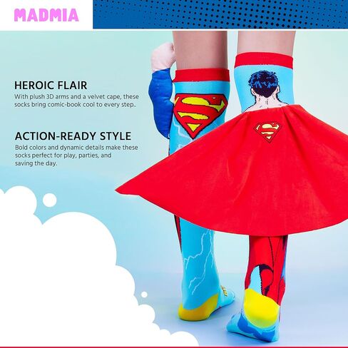 جوارب MADMIA Superman، جوارب مذهلة تصل إلى الركبة مع ذراع سوبرمان قطيفة ثلاثية الأبعاد ورداء مخملي! in Kuwait