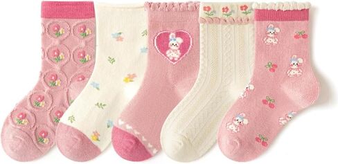5 Pairs Pink Grips Crew Socks for Baby Girls Boys Toddlers Kids - Soft Breathable Cotton Anti-Skid Socks for 1-12 Years in Saudi Arabia