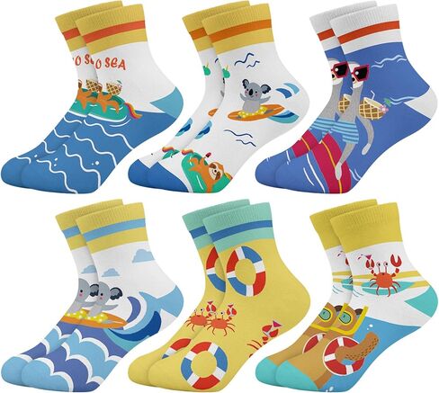 Queenshin Boys Girls Socks Animal Rainbow Airplanes Space Jellyfish Funny Pattern Crew Ankle 6 Pairs 3-14Y Kids Birthday Gift in Saudi Arabia