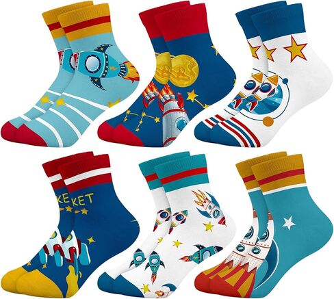 Queenshin Boys Girls Socks Animal Rainbow Airplanes Space Jellyfish Funny Pattern Crew Ankle 6 Pairs 3-14Y Kids Birthday Gift in Saudi Arabia