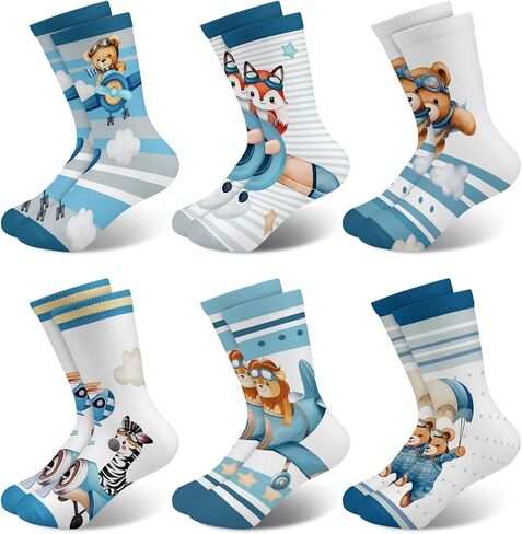Queenshin Boys Girls Socks Animal Rainbow Airplanes Space Jellyfish Funny Pattern Crew Ankle 6 Pairs 3-14Y Kids Birthday Gift in Saudi Arabia