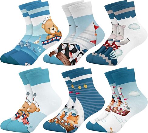 Queenshin Boys Girls Socks Animal Rainbow Airplanes Space Jellyfish Funny Pattern Crew Ankle 6 Pairs 3-14Y Kids Birthday Gift in Saudi Arabia