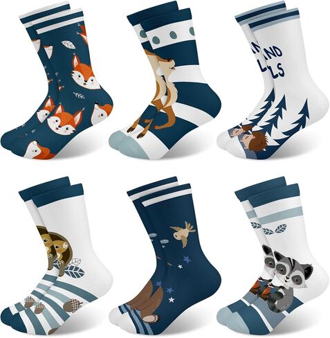Queenshin Boys Girls Socks Animal Rainbow Airplanes Space Jellyfish Funny Pattern Crew Ankle 6 Pairs 3-14Y Kids Birthday Gift in Saudi Arabia