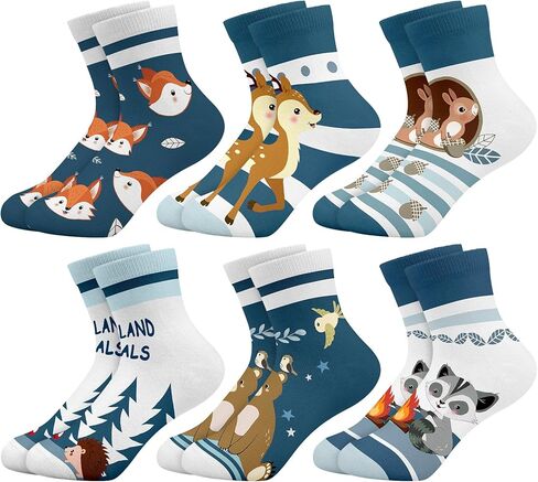 Queenshin Boys Girls Socks Animal Rainbow Airplanes Space Jellyfish Funny Pattern Crew Ankle 6 Pairs 3-14Y Kids Birthday Gift in Saudi Arabia