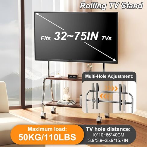 حامل تلفزيون متدحرج لأجهزة تلفزيون 32-75 بوصة يصل وزنها إلى 110 رطل، عربة تلفزيون متنقلة من الصلب قابلة للتعديل مع أرفف تخزين، حامل تلفزيون محمول على عجلات لغرفة المعيشة وغرفة النوم والأعمال التجارية والمدرسة in Kuwait