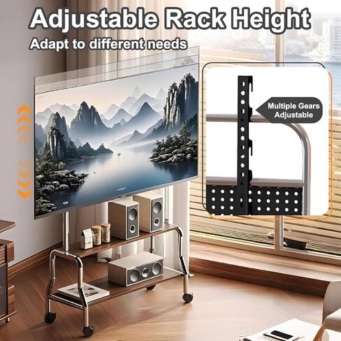 حامل تلفزيون متدحرج لأجهزة تلفزيون 32-75 بوصة يصل وزنها إلى 110 رطل، عربة تلفزيون متنقلة من الصلب قابلة للتعديل مع أرفف تخزين، حامل تلفزيون محمول على عجلات لغرفة المعيشة وغرفة النوم والأعمال التجارية والمدرسة in Kuwait