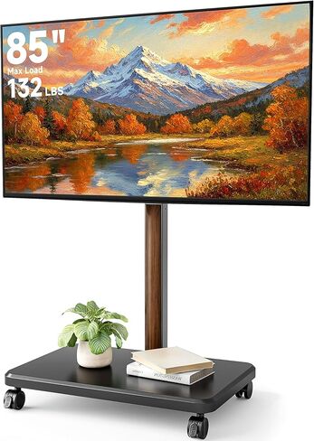حامل أرضي للتلفزيون متدحرج لشاشة LCD LED OLED مقاس 32-85 بوصة يصل إلى 132 رطلاً، حامل تلفزيون متنقل قابل للتعديل لغرفة النوم وغرفة المعيشة، حامل تلفزيون دوار بعجلات، بحد أقصى 600 * 400 مم، أسود in Saudi Arabia