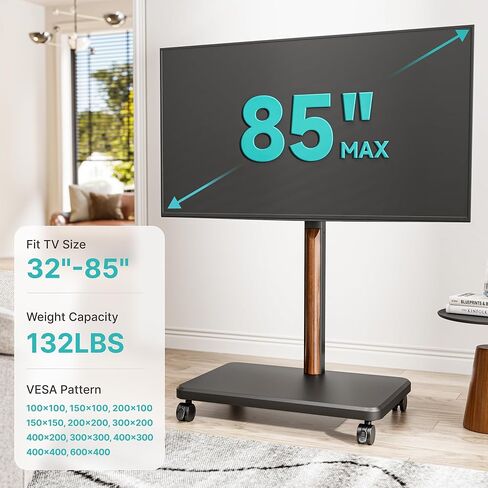 حامل أرضي للتلفزيون متدحرج لشاشة LCD LED OLED مقاس 32-85 بوصة يصل إلى 132 رطلاً، حامل تلفزيون متنقل قابل للتعديل لغرفة النوم وغرفة المعيشة، حامل تلفزيون دوار بعجلات، بحد أقصى 600 * 400 مم، أسود in Saudi Arabia