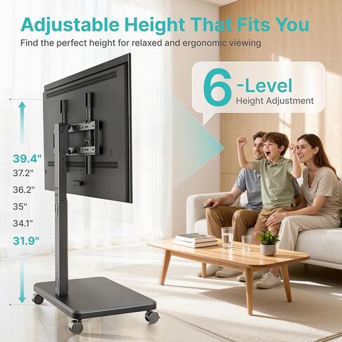 حامل أرضي للتلفزيون متدحرج لشاشة LCD LED OLED مقاس 32-85 بوصة يصل إلى 132 رطلاً، حامل تلفزيون متنقل قابل للتعديل لغرفة النوم وغرفة المعيشة، حامل تلفزيون دوار بعجلات، بحد أقصى 600 * 400 مم، أسود in Saudi Arabia