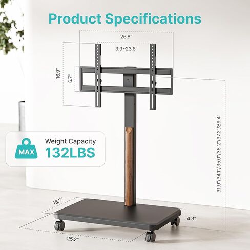 حامل أرضي للتلفزيون متدحرج لشاشة LCD LED OLED مقاس 32-85 بوصة يصل إلى 132 رطلاً، حامل تلفزيون متنقل قابل للتعديل لغرفة النوم وغرفة المعيشة، حامل تلفزيون دوار بعجلات، بحد أقصى 600 * 400 مم، أسود in Saudi Arabia