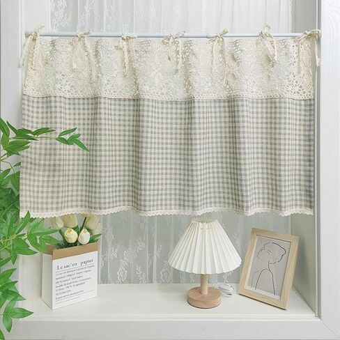 Vintage Buffalo Plaid Valance Stitching Crochet Kitchen Short Curtain Tier Light Filtering Rustic Half Window Drapes Cafe Bathroom Tab Top 1 Panel (W39 X L20 Inch,Light Coffee) in Saudi Arabia
