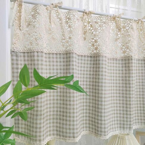 Vintage Buffalo Plaid Valance Stitching Crochet Kitchen Short Curtain Tier Light Filtering Rustic Half Window Drapes Cafe Bathroom Tab Top 1 Panel (W39 X L20 Inch,Light Coffee) in Saudi Arabia