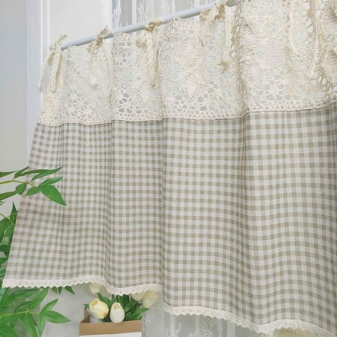 Vintage Buffalo Plaid Valance Stitching Crochet Kitchen Short Curtain Tier Light Filtering Rustic Half Window Drapes Cafe Bathroom Tab Top 1 Panel (W39 X L20 Inch,Light Coffee) in Saudi Arabia