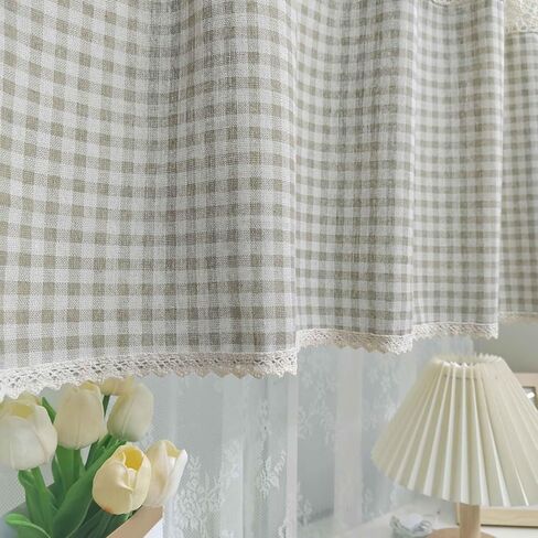 Vintage Buffalo Plaid Valance Stitching Crochet Kitchen Short Curtain Tier Light Filtering Rustic Half Window Drapes Cafe Bathroom Tab Top 1 Panel (W39 X L20 Inch,Light Coffee) in Saudi Arabia