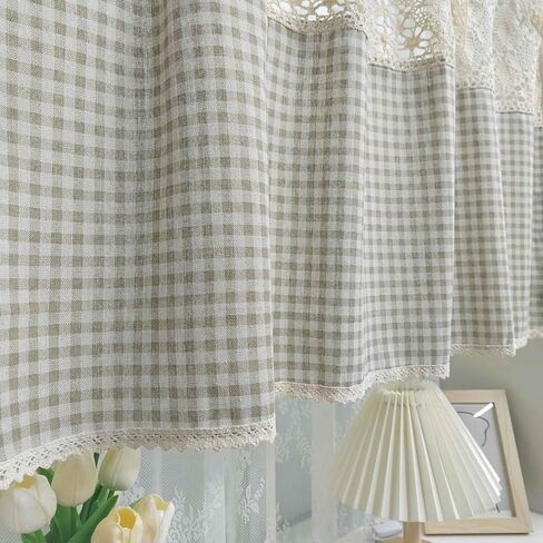 Vintage Buffalo Plaid Valance Stitching Crochet Kitchen Short Curtain Tier Light Filtering Rustic Half Window Drapes Cafe Bathroom Tab Top 1 Panel (W39 X L20 Inch,Light Coffee) in Saudi Arabia
