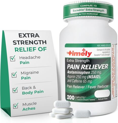 Timely Extra Strength Headache Relief - Acetaminophen with Aspirin & Caffeine (200 Caplets) - Headache, Migraine & Back and Body Pain & Muscle Aches - Compares to Excedrin Extra Strength - Made In USA in Kuwait
