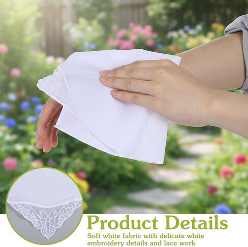 6Pcs Handkerchiefs for Women, White Cotton Square Handkerchief for Women, Soft Lace-Trimmed Hankies with Elegant Embroidery, Ladies Handkerchiefs for Afternoon Tea, Weddings & Daily Elegance(11 inch) in Saudi Arabia