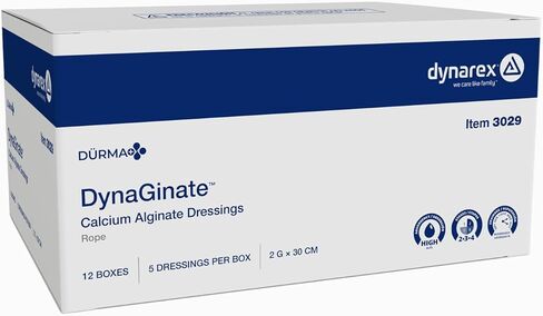 Dynarex DynaGinate Calcium Alginate Wound Dressing - Sterile, Non-Stick Topical Wound Pads - Absorbent Gel Patches for Moderate to High Exuding Cuts - 2g x 30cm, 12 Boxes of 5 in Saudi Arabia