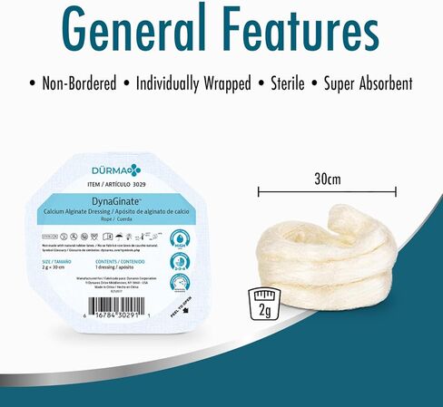 Dynarex DynaGinate Calcium Alginate Wound Dressing - Sterile, Non-Stick Topical Wound Pads - Absorbent Gel Patches for Moderate to High Exuding Cuts - 2g x 30cm, 12 Boxes of 5 in Saudi Arabia
