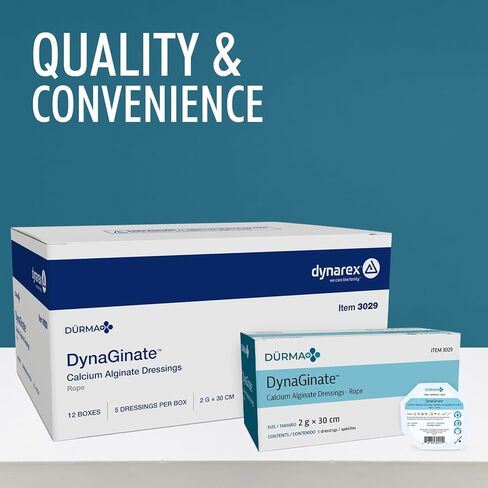 Dynarex DynaGinate Calcium Alginate Wound Dressing - Sterile, Non-Stick Topical Wound Pads - Absorbent Gel Patches for Moderate to High Exuding Cuts - 2g x 30cm, 12 Boxes of 5 in Saudi Arabia
