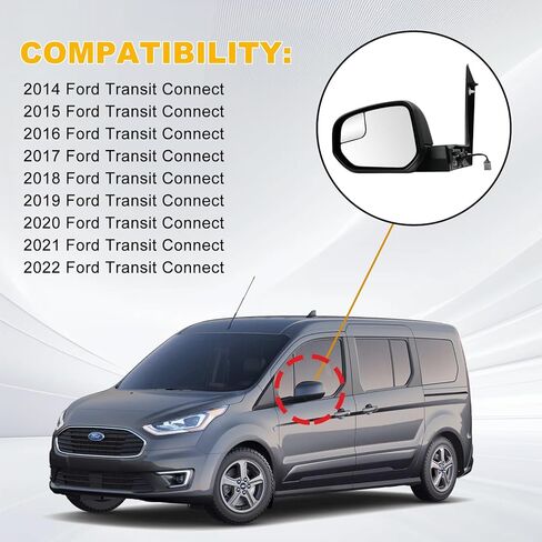 Driver Side Mirror for Ford Transit Connect Titanium/XL/XLT 2014 2015 2016 2017 2018 2019 2020 2021 2022, Side View Heated Door Mirror Replacement with Bling Spot Glass, Manual Folding in Kuwait