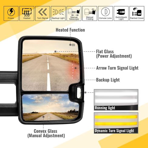 مرايا سحب Sanooer Switchback مطلية باللون الأسود متوافقة مع 2003-2007 Chevy Silverado GMC Sierra Black Tow Mirrors مع إشارة الانعطاف الديناميكية وزوج ساخن احتياطي in Kuwait