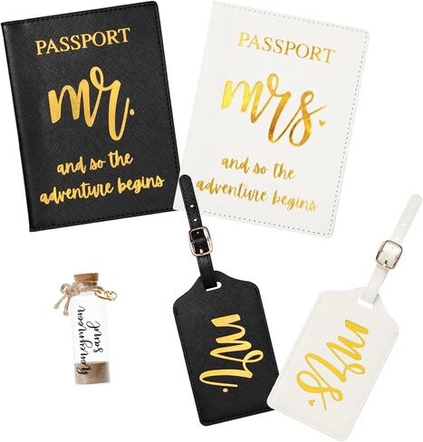 Mr & Mrs Luggage Tags and Passport Holders Set with Gold Foil Lettering and Honeymoon Sand Keepsake Bottle, Wedding Travel Accessories, Bride & Groom Honeymoon Gift Set (Black&White) in Saudi Arabia