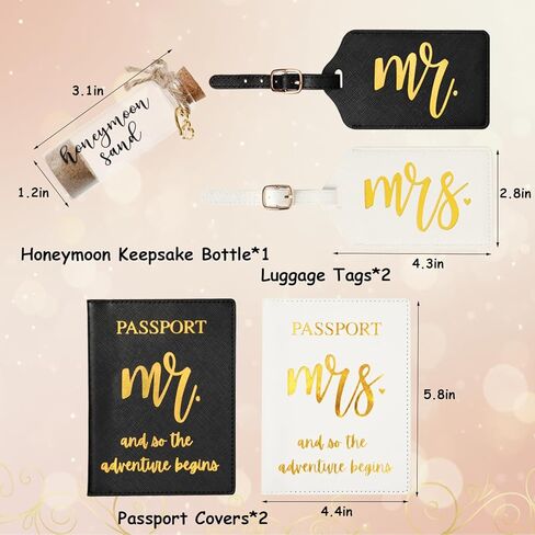 Mr & Mrs Luggage Tags and Passport Holders Set with Gold Foil Lettering and Honeymoon Sand Keepsake Bottle, Wedding Travel Accessories, Bride & Groom Honeymoon Gift Set (Black&White) in Saudi Arabia