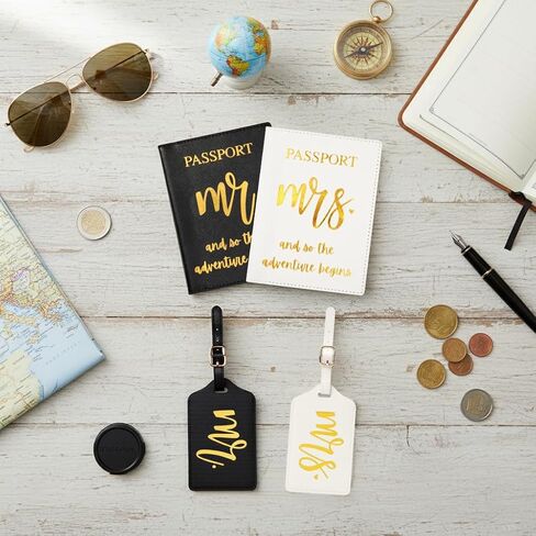 Mr & Mrs Luggage Tags and Passport Holders Set with Gold Foil Lettering and Honeymoon Sand Keepsake Bottle, Wedding Travel Accessories, Bride & Groom Honeymoon Gift Set (Black&White) in Saudi Arabia