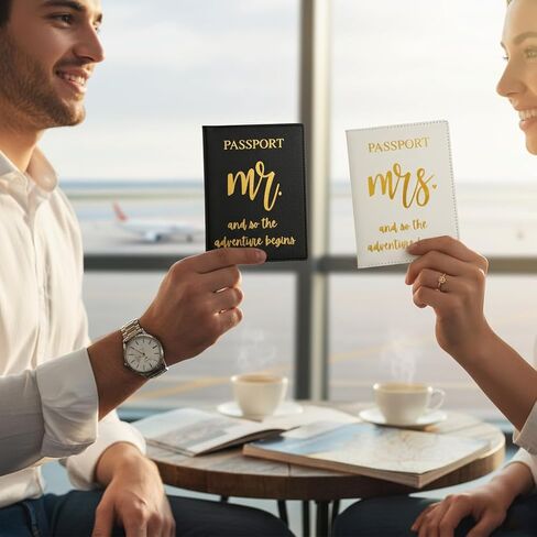 Mr & Mrs Luggage Tags and Passport Holders Set with Gold Foil Lettering and Honeymoon Sand Keepsake Bottle, Wedding Travel Accessories, Bride & Groom Honeymoon Gift Set (Black&White) in Saudi Arabia