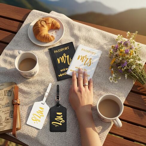 Mr & Mrs Luggage Tags and Passport Holders Set with Gold Foil Lettering and Honeymoon Sand Keepsake Bottle, Wedding Travel Accessories, Bride & Groom Honeymoon Gift Set (Black&White) in Saudi Arabia