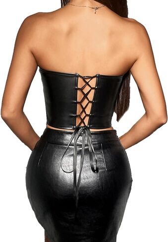OhMill Black Leather Tops Women Sexy Lace Up Corsets Leather Corset Tops for Women Going Out Rhinestone Corset Top in Kuwait